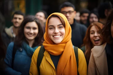 Foto op Canvas A Muslim woman in a hijab with a happy face stands and smiles with a confident smile against the background of other people © terra.incognita