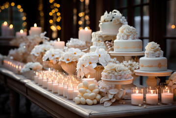 Luxury wedding candy bar with cake and candles