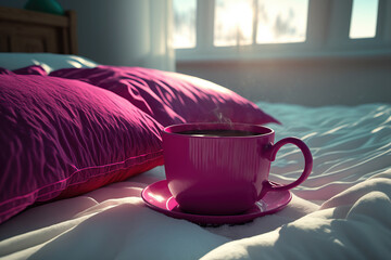 close-up of magenta cup of coffee on bed - obrazy, fototapety, plakaty