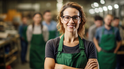 Smiling woman in safety glasses and a green work apron, with several other workers in similar uniforms blurred in the background
