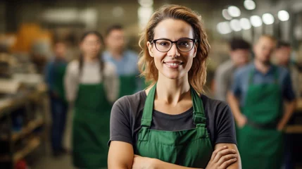 Fotobehang Smiling woman in safety glasses and a green work apron, with several other workers in similar uniforms blurred in the background © MP Studio