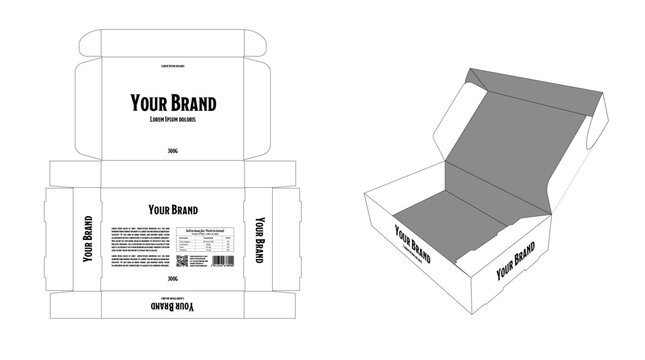 Editable outline vector image of box with dieline box on neutral background