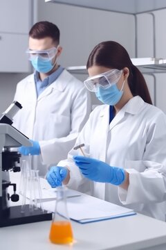 Scientists in white lab coats, chemical goggles, and masks conduct experiments in a laboratory with pipettes, microscopes, and viruses. Concept of clinical research, chemistry, and pharmacology.