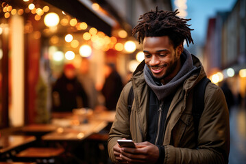 Fototapeta premium Young black African with dreadlocks holds a smartphone in his hands on the street in the city and smiles while chatting online or surfing the Internet while shopping