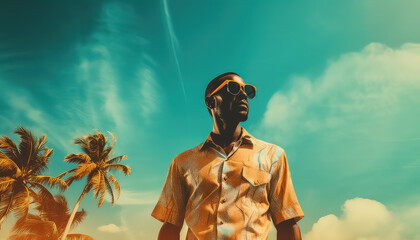 man in a shirt and sunglasses standing next to the palm trees, in the style of color splash.