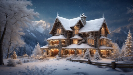 Illustration of landscape with house and snow in the woods