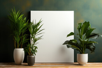 White letterhead, mockup of a painting or poster on a wooden table next to indoor plants
