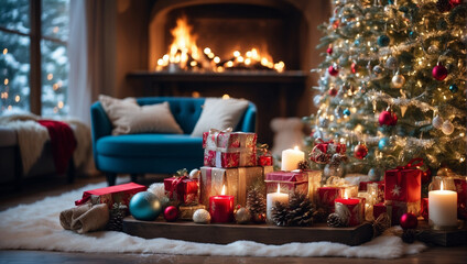 christmas tree with candles and gifts