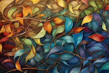 Abstract layered vine background with mixed media of colored pencil and painting. Generative AI - obrazy, fototapety, plakaty