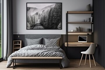 Gray bedroom with bed and work area beside window and a poster mockup. Generative AI