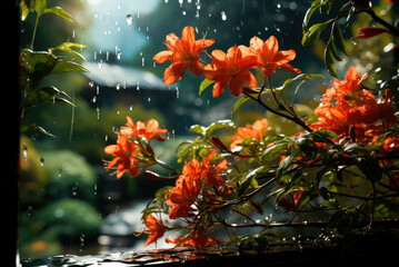 Orange rhododendron flowers under raindrops