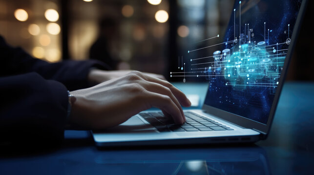 Person is using a laptop with a futuristic blue cyber network graphic overlay