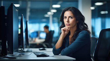 Serious and focused woman programmer working on a pc in her office