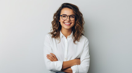 Smiling woman with curly hair and glasses, wearing a white shirt, against light grey background - obrazy, fototapety, plakaty