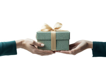hands holding turquoise gift box with white ribbon isolated