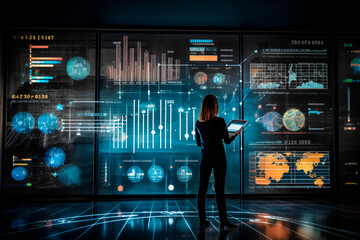 Professional woman analyzing statistical data on a futuristic digital interface with orange tones.