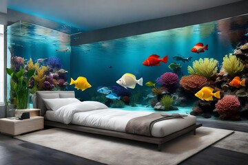 Glamorous wall aquarium on bedroom  - obrazy, fototapety, plakaty