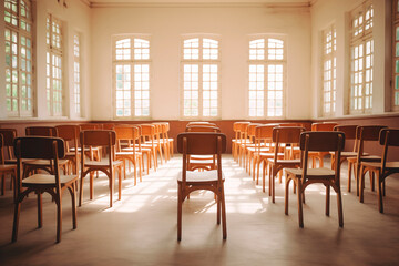 Empty classroom with natural light bathing wooden chairs and floor, evoking calmness and anticipation.