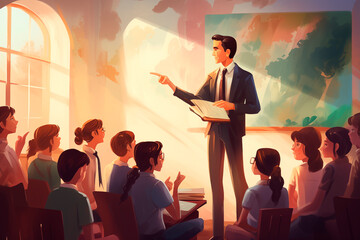 Inspiring teacher giving a lesson to attentive students in a sunlit classroom.