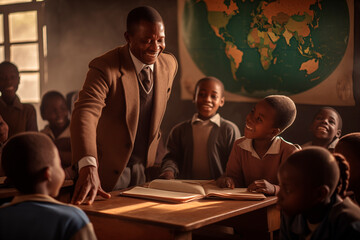 Joyful teacher interacting with his students in a sunlit classroom, fostering learning