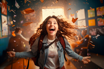  Excited student celebrates with leaves flying in the air, capturing a moment of pure happiness. - obrazy, fototapety, plakaty