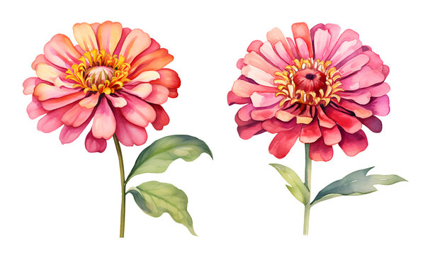 Zinnia graceful flower, watercolor clipart illustration with isolated background