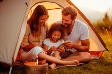 Father and children enjoying a happy moment while camping outdoors.
