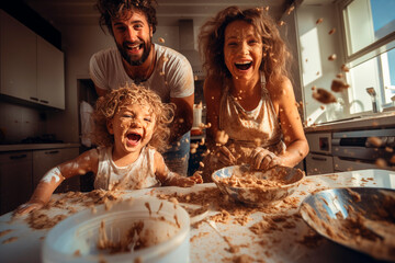 Family shares laughter and play while baking together in the kitchen.