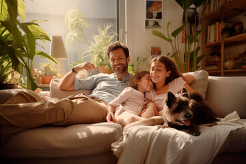 Family and pet enjoying a peaceful moment of rest on the couch at home.