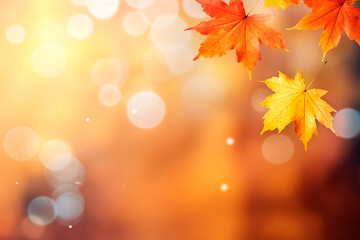 Autumnal maple leaves gently floating with a golden bokeh background.