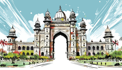 Vector Watercolor Sketch of Mumbai's Iconic Gateway of India. Mumbai's Gateway of India Watercolor Sketch. Gateway of India Illustration. - obrazy, fototapety, plakaty