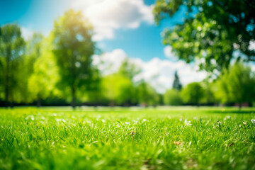 Vibrant green grass in a park with trees and a clear sky in the background.