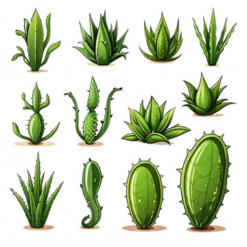 Set of green aloe vera watercolor illustrations isolated on a white background