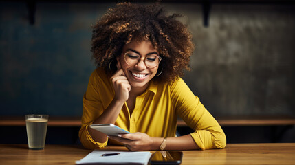 Cheerful young woman with curly hair is sitting at a table, smiling while holding and looking at a smartphone
