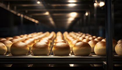 buns on baking rack on a conveyor belt in a bakery - obrazy, fototapety, plakaty