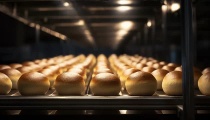 Deurstickers buns on baking rack on a conveyor belt in a bakery © terra.incognita