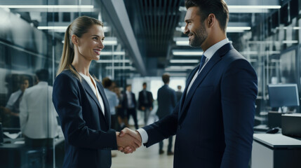 A woman and a man in suits shake hands in the office - Powered by Adobe
