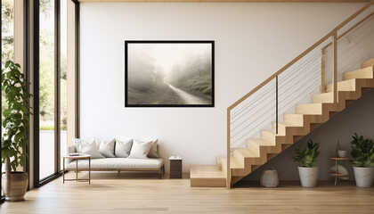 modern living room and stairs containing black metal - obrazy, fototapety, plakaty