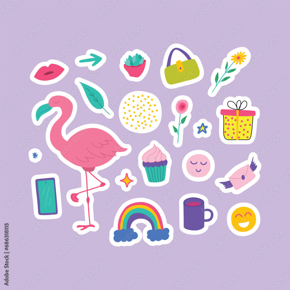 Canvas Prints Cartoon Color Different Diary Stickers Journal Planner Set Concept Flat Design Style Include of Rainbow, Mobile Phone, Flamingo and Cup. Vector illustration of Sticker