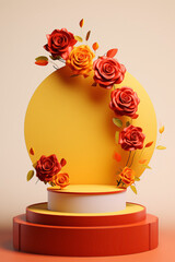 Pedestal for display of Valentine's Day product for showcase. Podium platform stand with roses for lovers day. Aesthetic display of beauty products in orange colors.