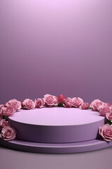 Pedestal for display of Valentine's Day product for showcase. Podium platform stand with roses for lovers day. Aesthetic display of beauty products.