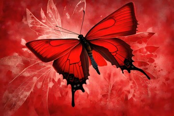 A single red butterfly with red background 