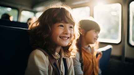 Interior of the school bus, happy and Joyful children. generative AI