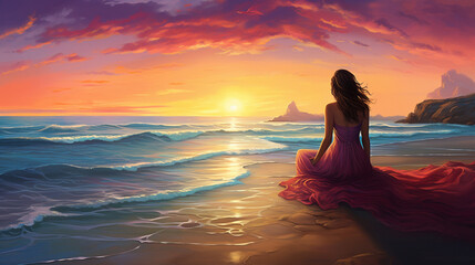 A young woman sits on a sand on the beach at sunset - Powered by Adobe