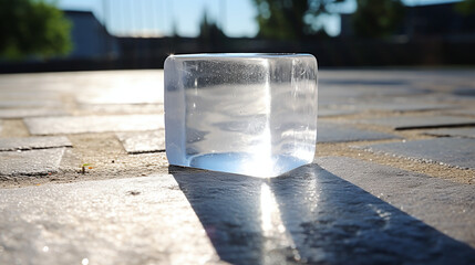 ice cube left on sun to melt laying on stone surface