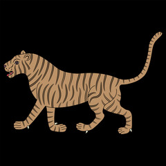 Walking tiger. Traditional animal design from India. On black background.