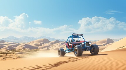 Fototapeta na wymiar A classic dune buggy speeding across sandy hills, with the blue sky and desert as far as the eye can see