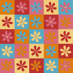 Cute y2k bright spring patchwork minimalist floral seamless pattern background print. Сolorful checkerboard backdrop. Modern, trendy, bright vector design wallpaper