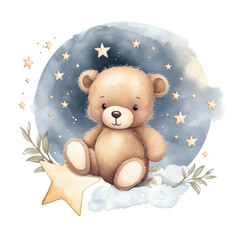 Cute teddy bear watercolor hand draw illustration on transparent background, png