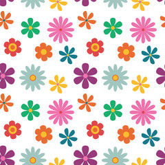 Trendy floral pattern in the style of the 70s with groovy daisy flowers. Vintage style. Bright colorful colors. Retro floral vector design y2k